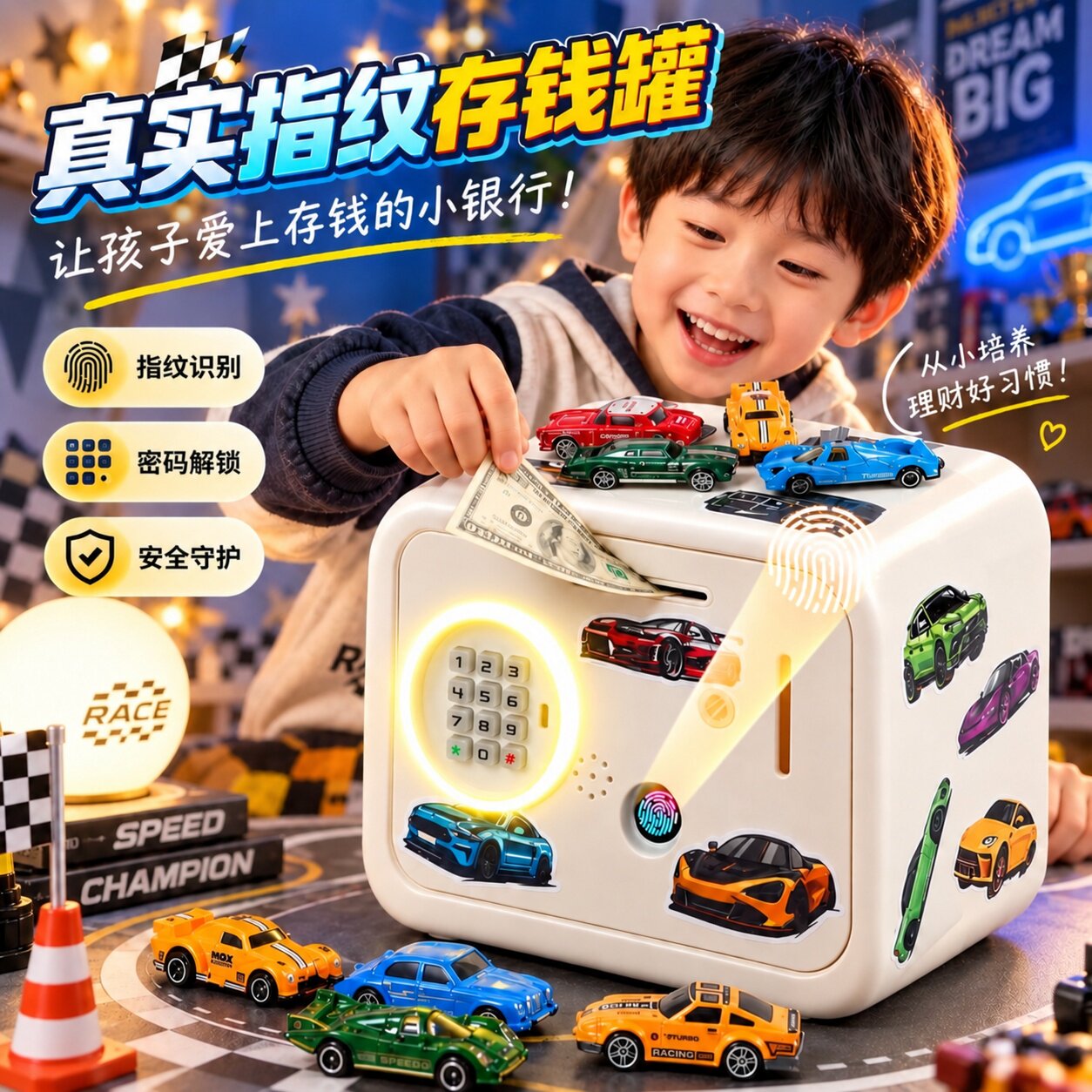 儿童跑车指纹密码自动卷钞存钱罐