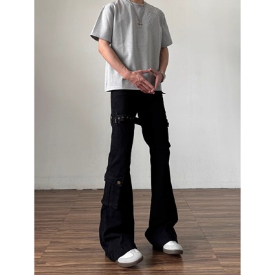 黑色vibe绑带微喇牛仔裤男高街