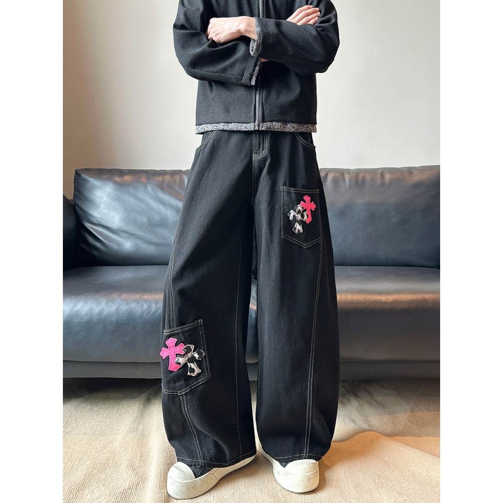 美式复古十字架弯刀牛仔裤男女设计感宽松阔腿裤多口袋刺绣长裤子