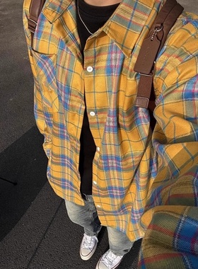 美式复古黄色格子衬衫男春秋新款设计感cleanfit内搭叠穿衬衣外套