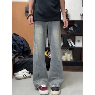 美式水洗蓝斜切微喇牛仔裤男春秋痞帅复古cleanfit裤子修身直筒裤