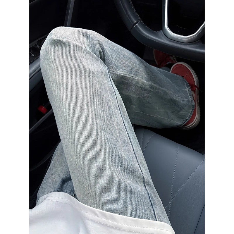 美式复古闪电纹水洗做旧牛仔裤男潮牌裤子高街修身显瘦弯刀微喇裤