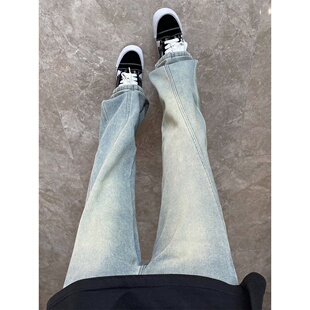 美式vibe斜切微喇牛仔裤男春秋复古拼接cleanfit裤子修身直筒裤子