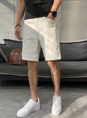 白色港风复古牛仔短裤男夏季薄款2024新款潮牌痞帅休闲直筒五分裤