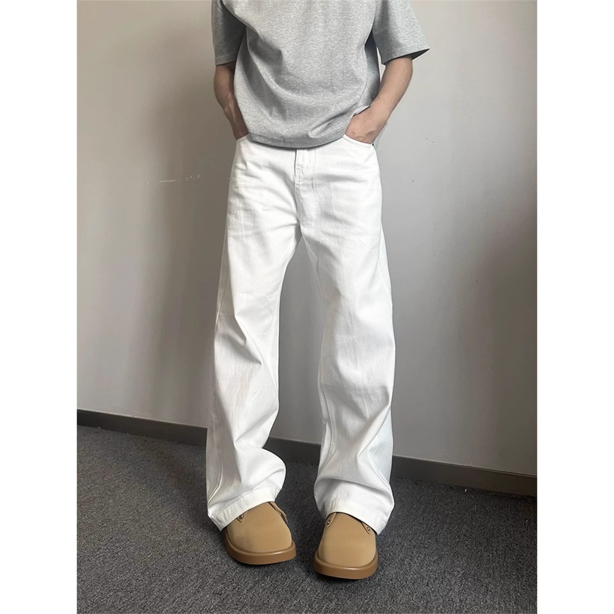 美式白色弯刀牛仔裤男高街