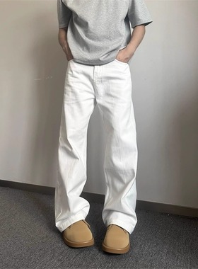 美式白色弯刀牛仔裤男夏季新款高街宽松cleanfit宽松直筒微喇长裤