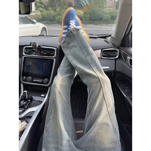 美式vibe斜切微喇牛仔裤男春秋高街复古cleanfit窄版修身显瘦裤子