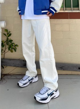 日系复古vibe风高街白色牛仔裤男ins潮牌百搭显瘦宽松高级感长裤