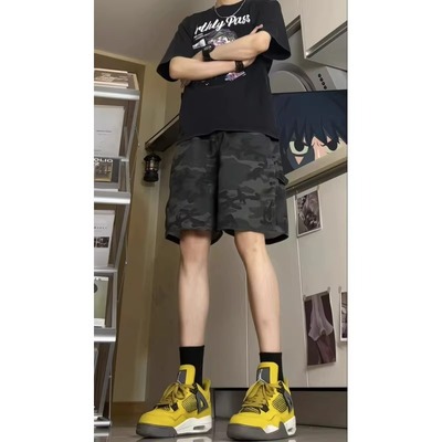 美式复古迷彩牛仔短裤男高街潮牌