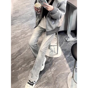 美式斜切微喇牛仔裤男款春秋新款痞帅高街cleanfit裤子修身直筒裤