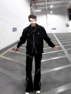 子 高街嘻哈宽松微喇叭牛仔裤 男春款 美式 vibe风多拉链设计感阔腿裤