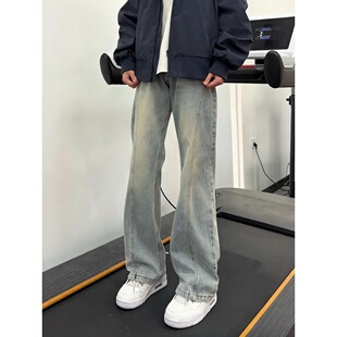 美式斜切微喇牛仔裤男款春秋新款痞帅复古cleanfit裤子修身直筒裤