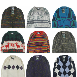 古着vintage复古日系宽松刺绣几何撞色波普图案纯羊毛衣男女秋冬3