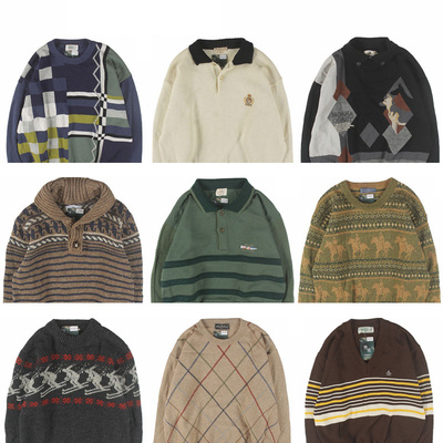 古着vintage复古日系宽松撞色波普图案费尔岛纯羊毛衣男女秋冬5