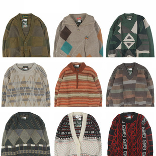 古着vintage复古日系宽松刺绣几何撞色波普图案纯羊毛衣男女秋冬9