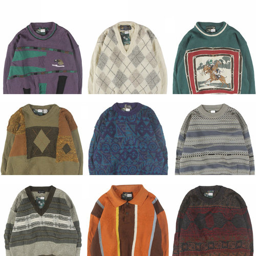 古着vintage复古日系宽松刺绣几何撞色波普图案纯羊毛衣男女秋冬5