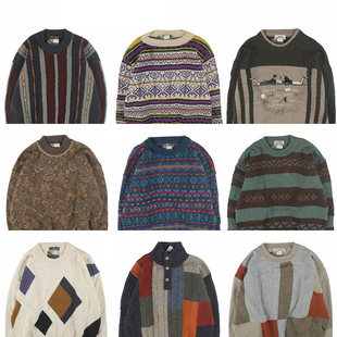 古着vintage复古日系宽松加厚撞色波普图案纯羊毛毛衣男女秋冬0