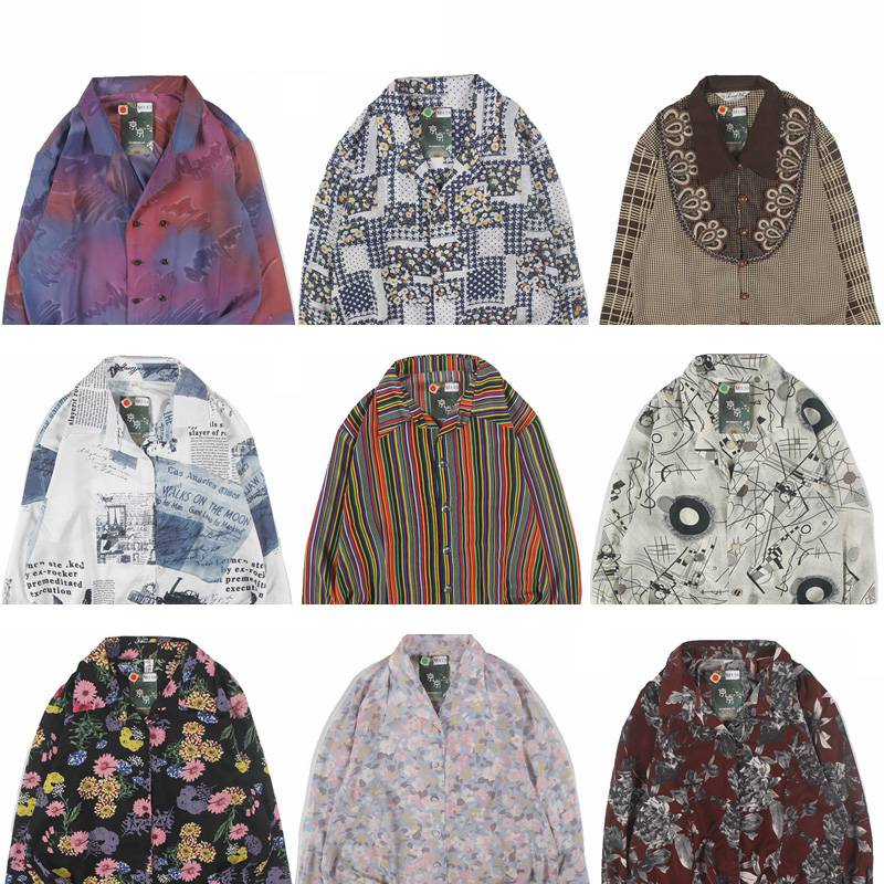 古着vintage复古日系衬衣夏威夷港风宽松巴洛克长袖印碎花衬衫91