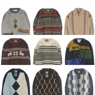 古着vintage复古日系宽松刺绣几何撞色波普图案纯羊毛衣男女秋冬8
