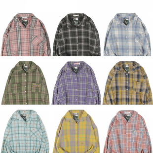 古着vintage复古宽松纯色文艺条纹衬衣格子长袖衬衫春秋冬男女23