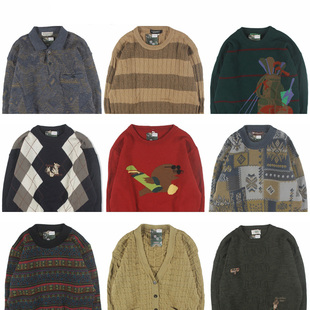 古着vintage复古日系宽松刺绣几何撞色波普图案纯羊毛衣男女秋冬1