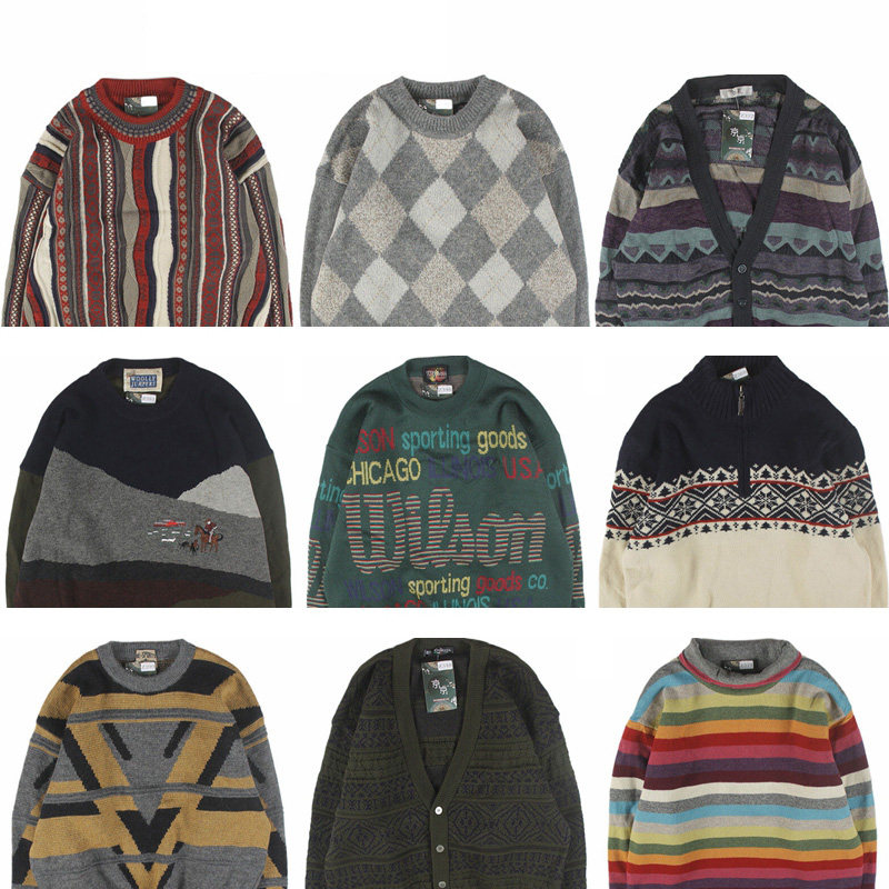 古着vintage复古日系宽松加厚纯撞色波普图案纯羊毛衣男女秋冬16
