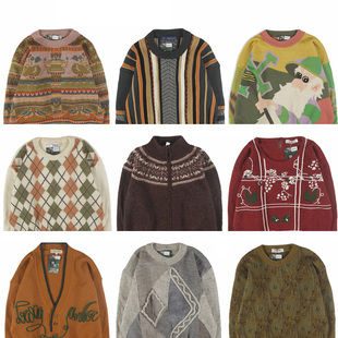 古着vintage复古日系宽松加厚撞色波普图案纯羊毛毛衣男女秋冬8