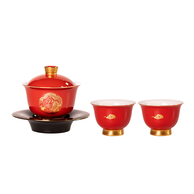 红色盖碗茶具大益中式