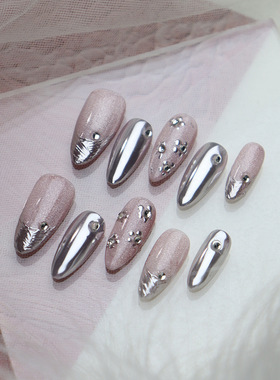 欧美辣妹甜酷粉色浮雕魔镜粉穿戴甲手作高级纯欲带钻美甲贴片