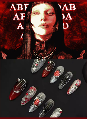 纯手工穿戴甲ladygaga同款高级黑红晕染金属酷辣暗黑风杏仁粘钻