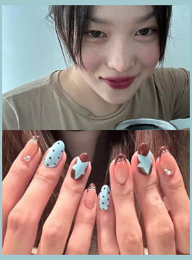 ins蓝棕星星手绘波点五星韩式复古撞色百搭显白少女短款穿戴甲