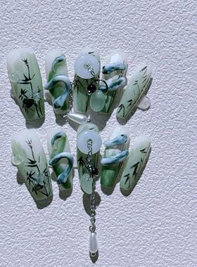 青蛇手绘清风竹影节节高升国风小蛇可拆卸假指甲美甲贴片穿戴甲