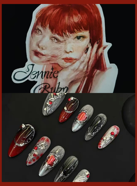 纯手工穿戴甲jennie同款高级黑红晕染金属酷辣暗黑风杏仁粘钻长款