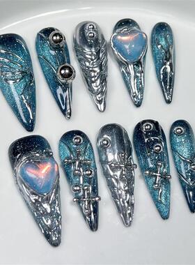 kpop演唱会手工穿戴甲星际银河XG手绘蝴蝶欧美长尖美甲成品贴片