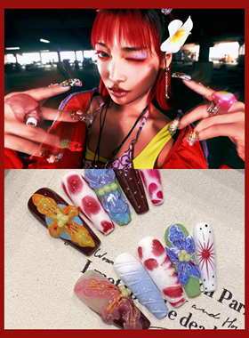 XG同款恶魔之花多巴胺立体雕花纯手工穿戴甲花朵渐变长款重工设计