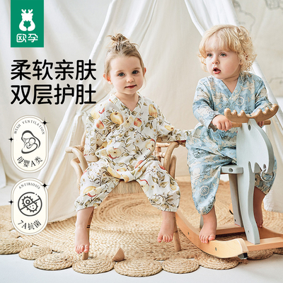 欧孕婴儿衣服秋季竹棉纱布和尚服男女宝宝连体衣亲肤透气哈衣爬服