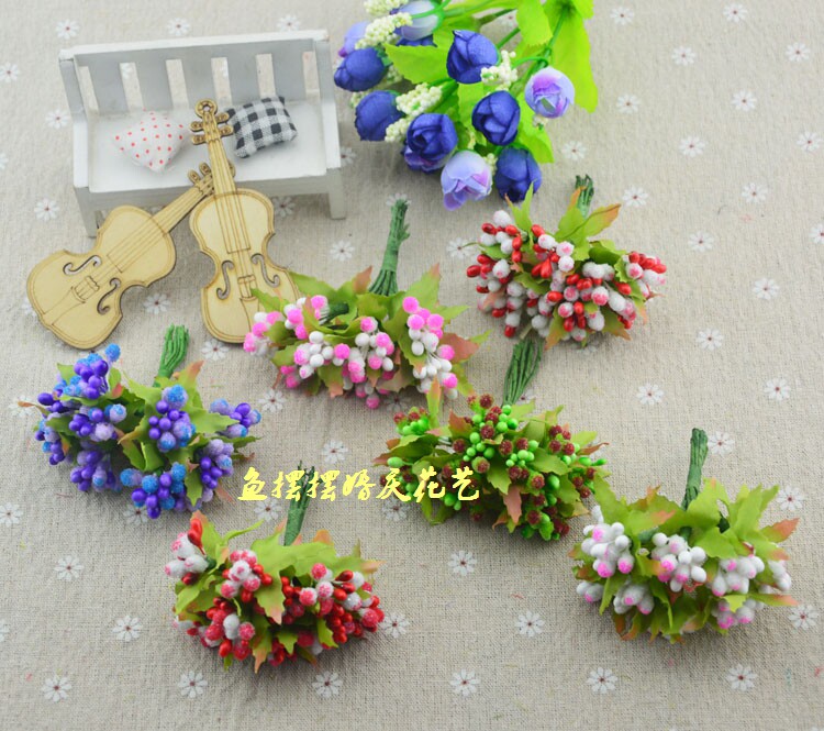 diy花环材料 仿真彩色玻璃珠带叶花蕊 胸花帽子喜糖盒装饰10朵/束