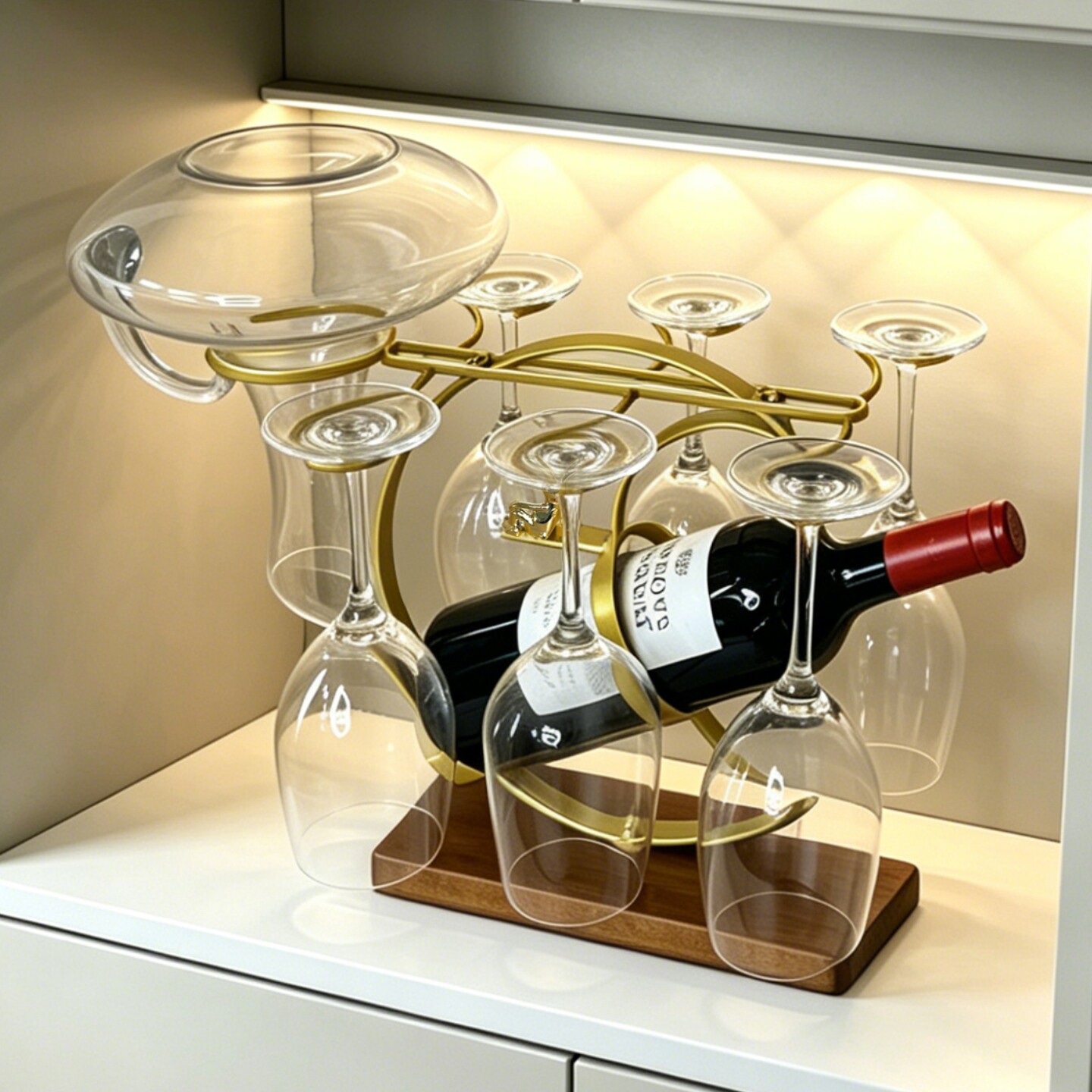 铁艺实木底红酒杯架醒酒器一体图片