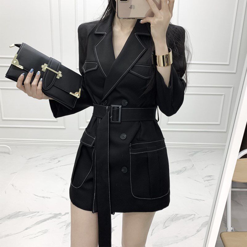 黑色春秋新款中长款网红小西装外套女修身系腰带职业气质西服上衣