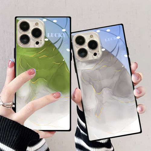 新款LUCK大理石纹适用苹果16promax手机壳14PLUS方形玻璃Phone13mini文艺12PROXR