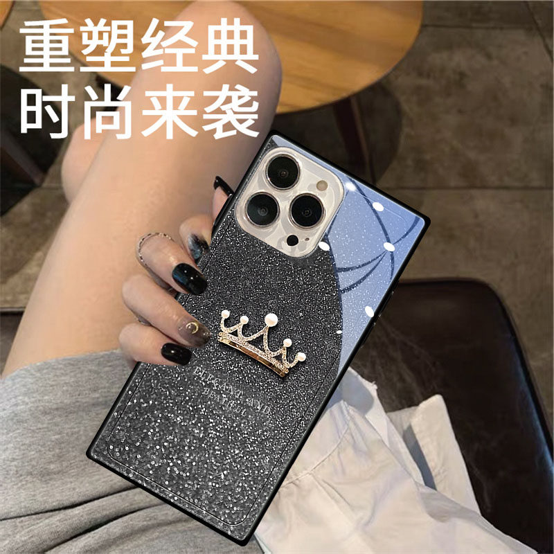 潮牌珍珠皇冠适用苹果17promax手机壳14PLUS方形玻璃Phone13mini文艺创意少女个性12XR防摔保护套可