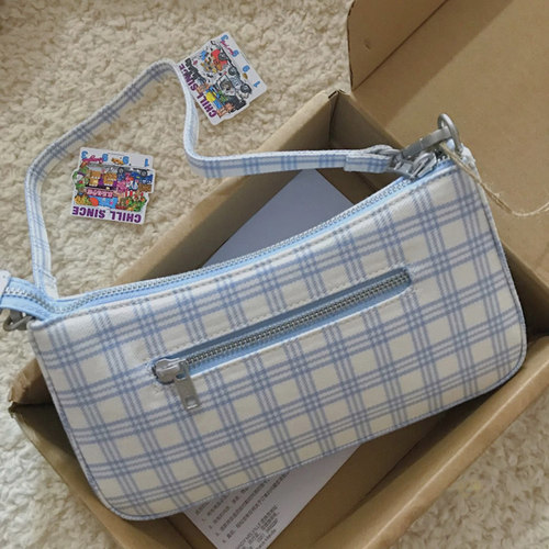 腋下包复古蓝色格子单肩包