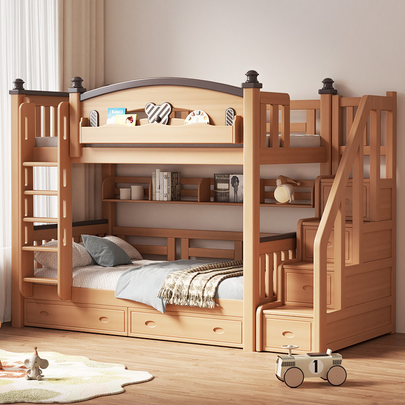 榉木上下铺双层床全实木同宽平行床儿童高低子母床书架两层上下床
