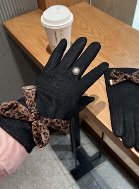 个性风潮保暖手套女原创高级感百搭时尚豹纹蝴蝶结加绒加厚手套女