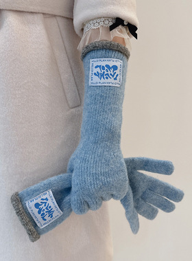 长款休闲百搭含羊毛冬季保暖手套女柔软露二指可触屏韩标ins风潮