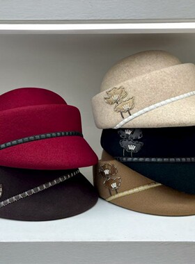 时尚帽子女法式秋冬骑士帽英伦复古马术小礼帽毡帽时尚羊毛鸭舌帽