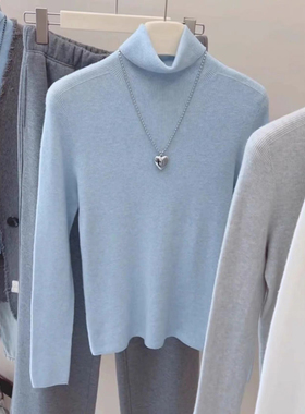 蓝色高领长袖打底针织衫女秋冬2025新款洋气内搭百搭保暖叠穿上衣