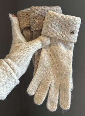 韩国订单冬季纯色爱心针织手套女防风保暖防寒可触屏毛线分指手套