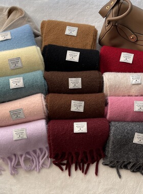 出口韩国原单纯色羊毛混纺围巾女秋冬韩系氛围感绿色针织披肩围脖