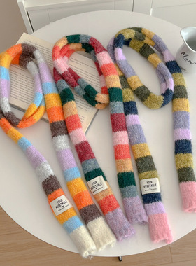 秋冬韩国百搭细窄彩虹色复古小长条气质针织窄版小围脖ins风围巾